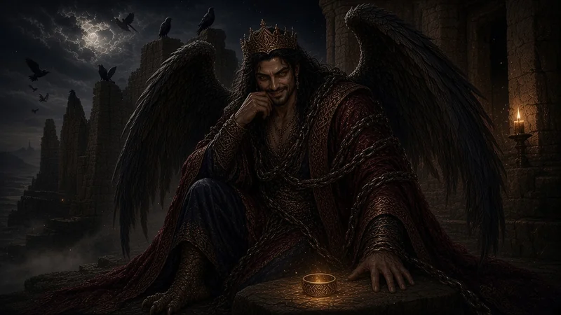 Ashmedai, king of demons, bound in chains with vast dark wings and rooster feet, sits among moonlit ruins before Solomon's glowing gold ring and chain