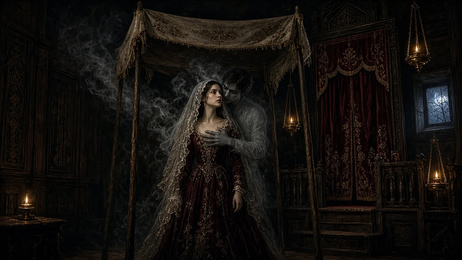 A bride in a crimson gown stands under a wedding canopy in a wooden shtetl synagogue as a pale ghostly dybbuk clings to her, oil lamps glowing in the dark