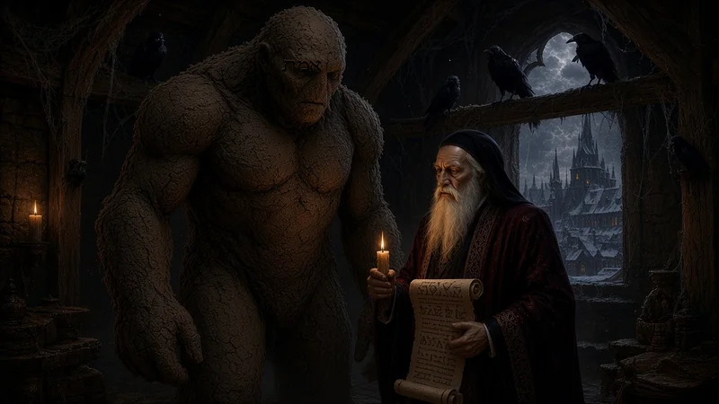 A mute clay golem with the Hebrew word emet carved on its brow stands in a candlelit attic study beside a bearded rabbi holding a scroll, Prague spires visible through an arched window