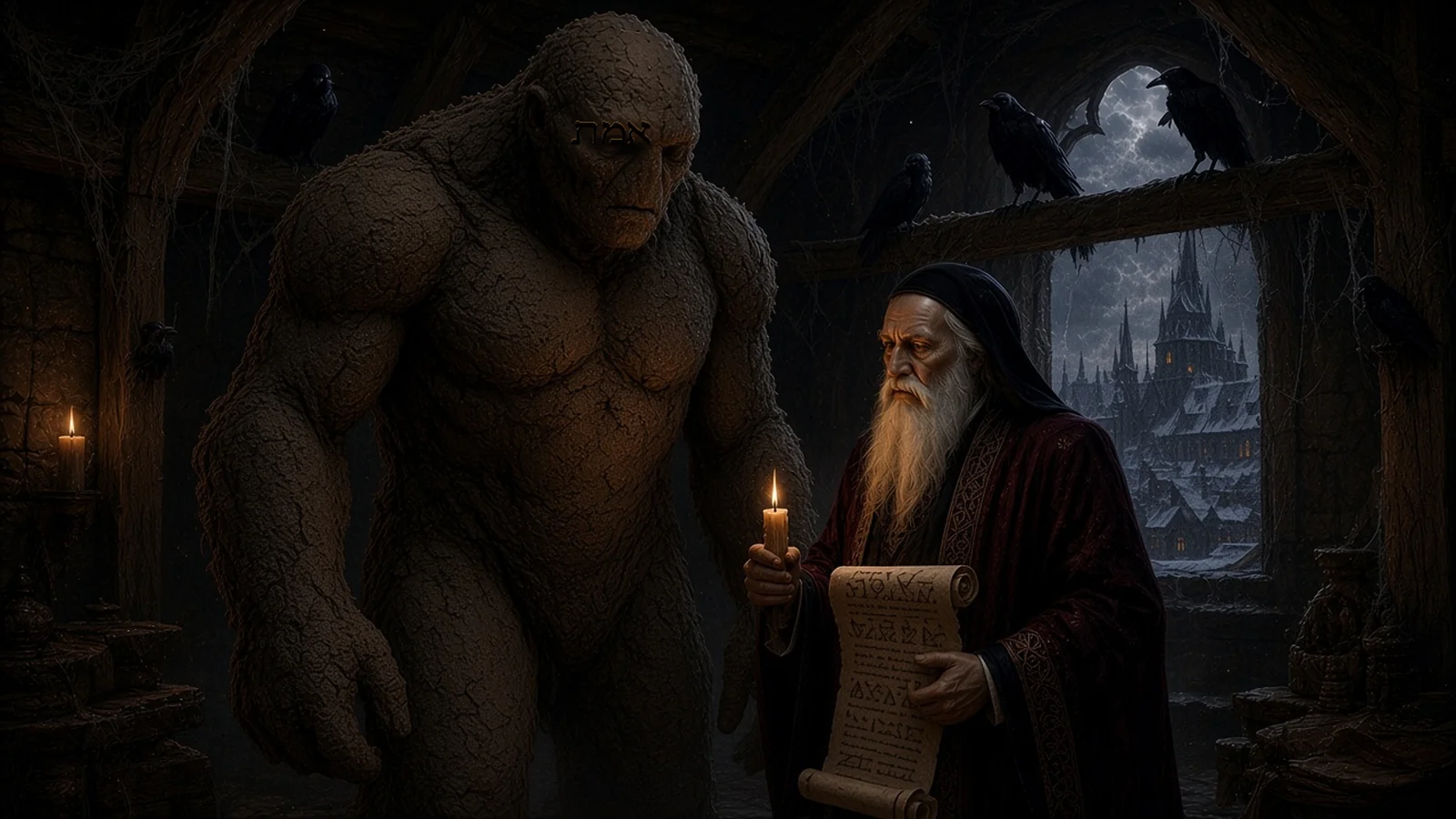 A mute clay golem with the Hebrew word emet carved on its brow stands in a candlelit attic study beside a bearded rabbi holding a scroll, Prague spires visible through an arched window