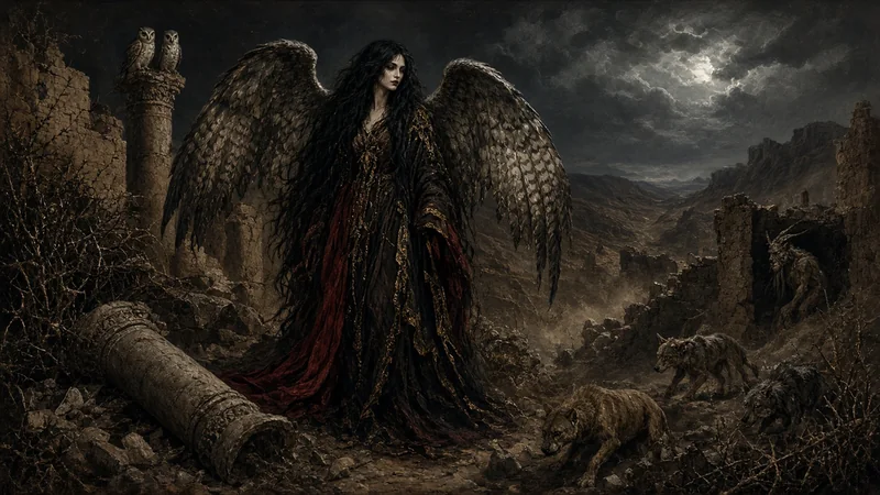 Lilith with long unbound hair and mottled owl-like wings stands among moonlit desert ruins, with owls on a broken column, jackals at her feet, and a horned satyr in the shadows