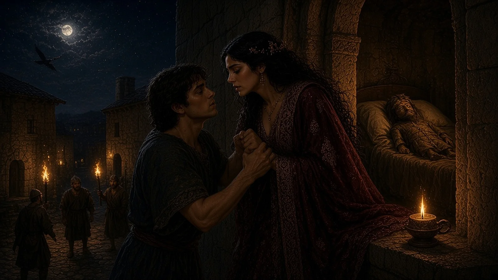 Michal and David clasp hands at a night window while a teraphim under a goat-hair quilt lies in the bed behind them and Saul's torch-bearing men watch the house from the street